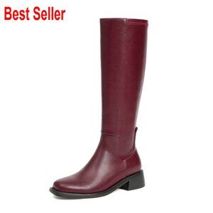 Knee High Boots Faux Leather Elastic Low Heel Square Toe Side Zipper